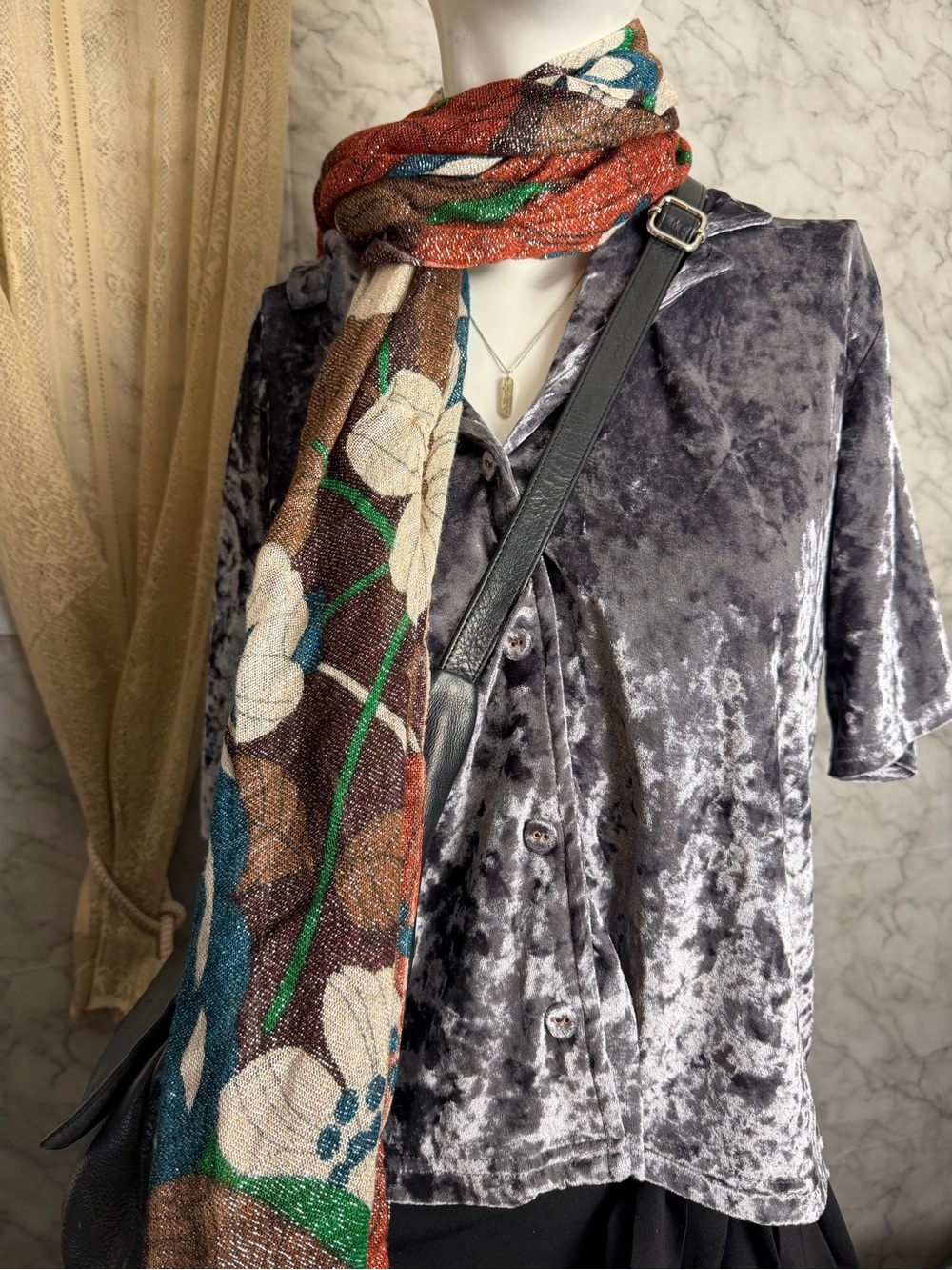 Grunge Crushed Velvet Grey Silver Fabric Buttons High Low Hem M Stretch Blouse